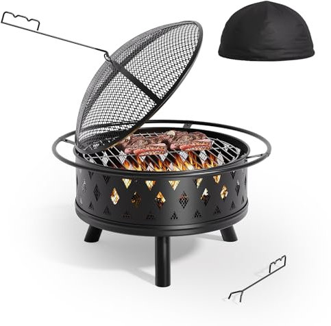 Xbro Brasero Extérieur 2 en 1 Multifonctionnel pour Jardin et Terrasses - Barbecue avec Grille, Pare-étincelles et Housse de Protection Imperméable - Noir, 76 x 76 x 50 cm