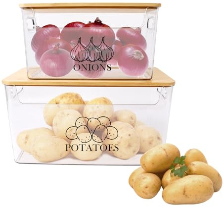 ZoeQide Caja Para Guardar Patatas, Juego de 2 Botes Cocina Almacenaje, Organizadores Cocina Con tapa bambú y madera,Botes Legumbres, Para Patatas, Cebolla, Libre de BPA Organizadores