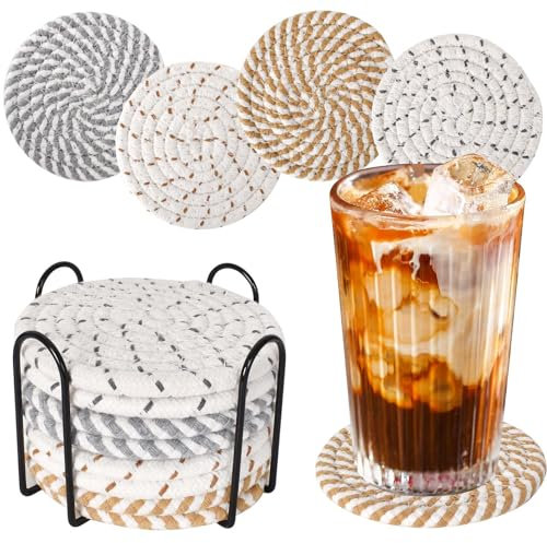 Posavasos para Bebidas, 8 Posavasos Hechos a Mano, Vasos con Soporte, Posavasos Antideslizantes,Coasters, Posa Vasos De Fieltro Lavables,de Algodón Trenzado para Bebidas, Tazas de Cristal (8, 11,5)