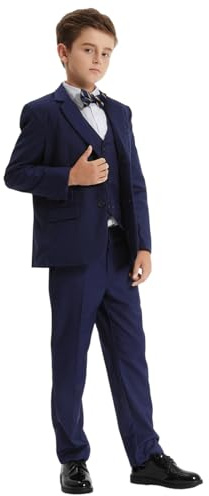 mintgreen pojkar blazer kostym 3 st barnsida pojke outfit set tuexdo blazer + väst + byxa 5-12 år, Mörkblått, 7-8 År