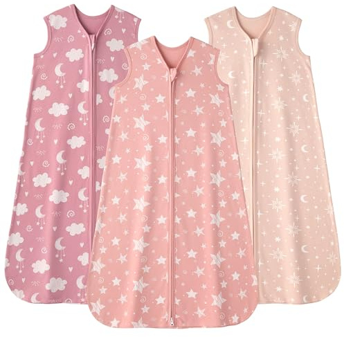 FIEMOL Gigoteuse été 0-6 Mois 0.5 Tog, Turbulette Coton pour Nouveau-né et Nourrisson, Pack de 3 Sac de Couchage bébé Léger avec Double Fermeture éclair 58-66 cm Étoiles Roses