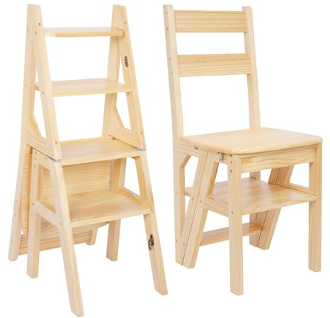 ybaymy Folding Library Chair, 4 Step Foldable Ladder Chair, Solid Wood Folding Stool, Dual Purpose Step Ladder for Home Kitchen Office Restaurant, Display Stand Flower Stand(46x35x90CM)