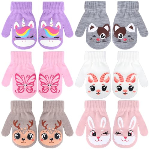 QKURT 6 Pares de Guantes de Invierno para Niños, Guantes Elásticos Mágicos para Bebés, Manoplas de Cálidas Punto Suaves con Estampados de Dibujos Animados para Niños y Niñas