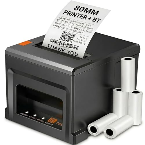 Fuhuihe 80mm Thermo-POS-Drucker | USB & Bluetooth für Android/Windows | 300 mm/s Auto-Cutter | Inkl. 5 Rollen Papier | Für Gastronomie & Einzelhandel