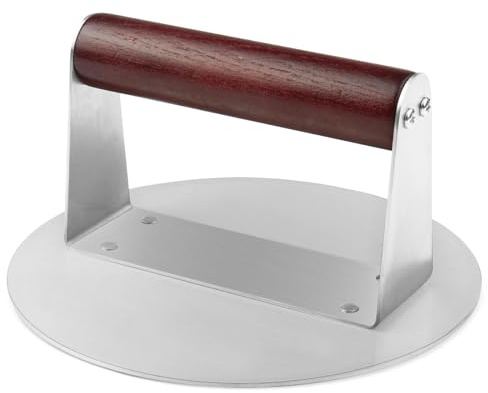 Petiouarnsze Prensa para Hamburguesas, Acero Inoxidable, Mango De Madera Maciza, Apta para Parrillas Planas, Prensa Hamburguesas Y Exprime La Grasa, Fácil De Limpiar, Dimensiones: 16 X 16 X 9 Cm