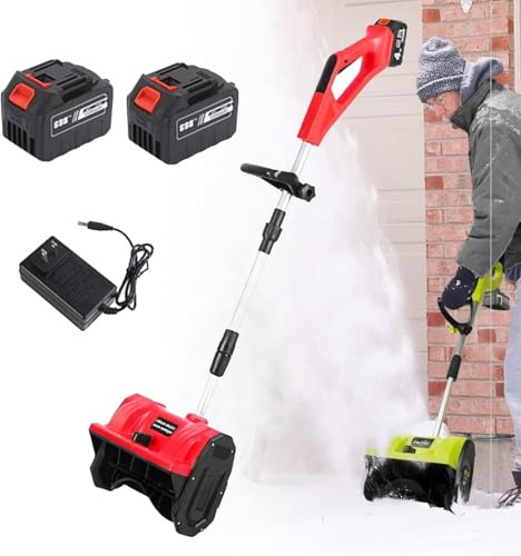 Sladdlös snöskyffel med två 4,0 AH batterier och laddare, elektrisk snöskyffel med 11-tums bredd, 6 tums djup, 26 FT kastavstånd, snöslunga spade för uteplats uppfart Red