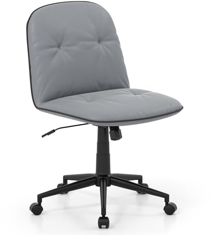 COSTWAY Home Office Chair, PU Leather Desk Chair with Rocking Function and Smooth Rolling Wheels, Height Adjustable Modern Swivel Computer Task Vanity Chairs (Grey, no Armrest)