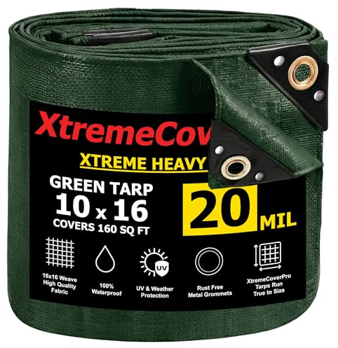 10' x 16' Green Tarp - 20mil | Heavy Duty & Waterproof | UV Protection + Brass Grommets Reinforced Corners Outdoor Storage 10x16 ft Rain Camping Tent Greenhouse roof Leak Ground Cover Leakproof Shed