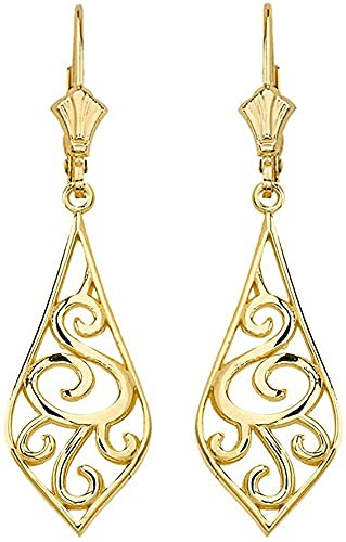 14K Yellow Gold Art Nouveau Swirl Teardrop Dangle Lever back Earrings - 1.42