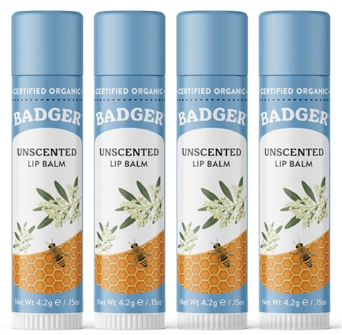 Badger Unscented Classic Lip Balm, 100% Organic Lip Balm for Sensitive Lips, Long Lasting Lip Moisturizer w/Light Silky Texture, 4 Pack