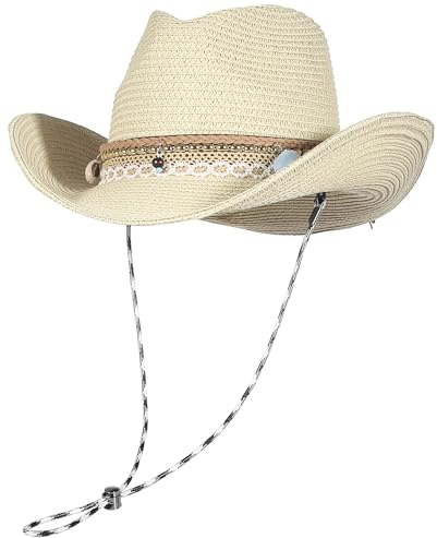 GEMVIE Summer Cowboy Cowgirl Hat Unisex Roll up Brim Fedora Straw Sun Hat Western Cowboy Hat Straw Beach Cap Khaki