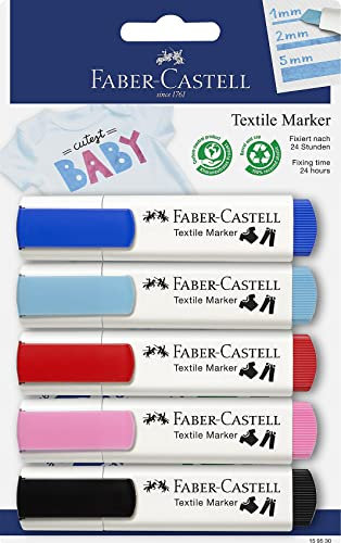 Faber-Castell 159530 - Textilmarker in Baby-Farben, geeignet für helle Stoffe, 5er Packung, ideal für Babypartys, Kindergeburtstage, Junggesellenabschiede