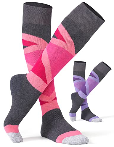 CS CELERSPORT 2 Pack Merino Wool Women's Ski Socks with Full Cushion, Winter Warm Thermal Socks for Skiing Snowboarding, Rose + Purple, Small