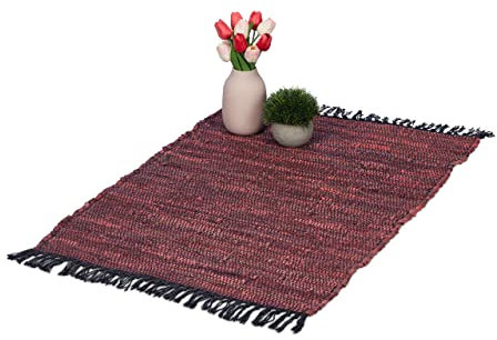 Relaxdays Flickenteppich, 60x100 cm, Baumwolle & Leder, handgewebt, Schwarze Fransen, rutschfest, Fleckerlteppich, rot