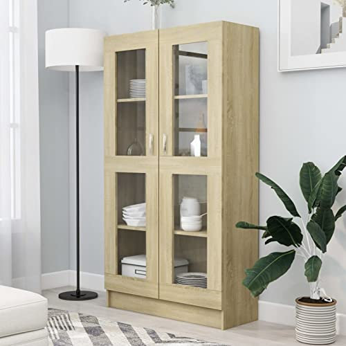 Festnight Vitrina de Coleccionista, Vitrinas de Salón con 2 Puertas y 3 Estantes, Vitrina de Cristal, Armario Vitrina de Libros, Armario de Almacenamiento, Roble Sonoma 82.5x30.5x150 cm