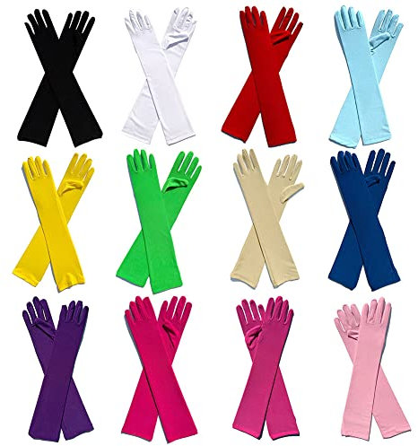 Asudaro Damen Lange Satinhandschuhe, 12 Paar Mehrfarbige Abendhandschuhe Oper Braut Tanzhandschuhe Classic Opera Fest Party Hochzeit Braut Handschuhe Elastisch 1920er Stil Handschuhe 12 Paare