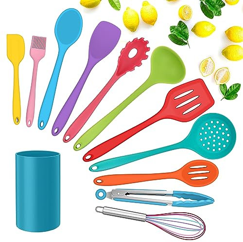 Herogo Küchenhelfer Set, 12-teilig Silikon Kochgeschirr Küchenutensilien Set mit Utensilienhalter, Antihaft & Hitzebeständiger Küchenset, Pfannenwender Löffel, Spülmaschinenfest, Mehrfarbig