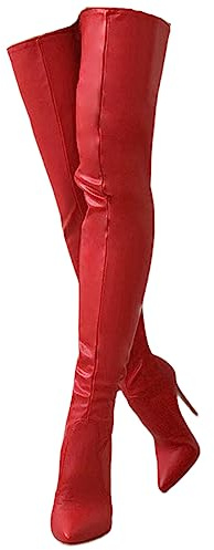 CRETUAO Bottes à Talons Hauts pour Femmes au-Dessus du Genou, Botte Longue à Bout Pointu Sexy avec Fermeture à glissière au Dos, personnalité la Mode Extensible, Botte à Talon Haut,Rouge,41 EU