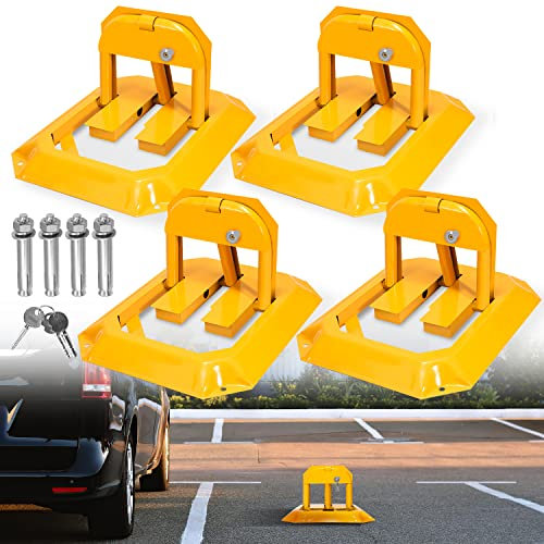 Eulenke 4 cerradura de aparcamiento con 12 llaves, Barrera de Parking con 16 tornillos de expansión, Barrera de estacionamiento Plegable, amarillo cerradura universal para aparcamiento