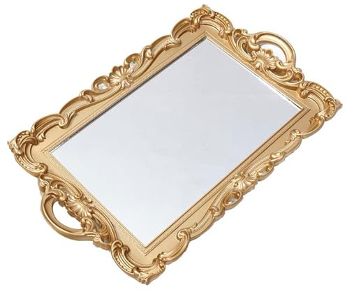 Vintage rektangulär dekorativ bricka sminkbricka spegelbricka för efterrättsbord, soffbord, sminkbord, heminredning, serveringsbricka med handtag (guld)