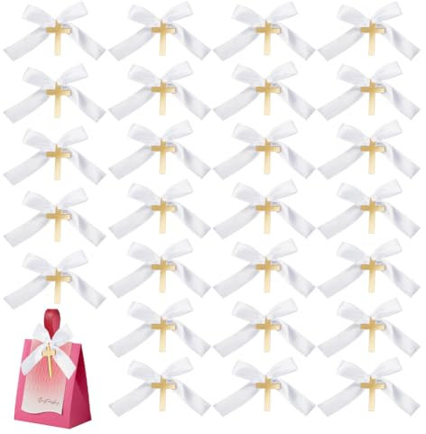 AHANDMAKER 30 Stück Goldenes Kreuz Aus Acryl Mit Weißer Schleife Für Weihnachtsschmuck, Geschenkanhänger, 3.3x3.5,(1) cm, Geschenkpapier Für Hochzeit, Geburtstagsfeiern, Das Erntedankfest