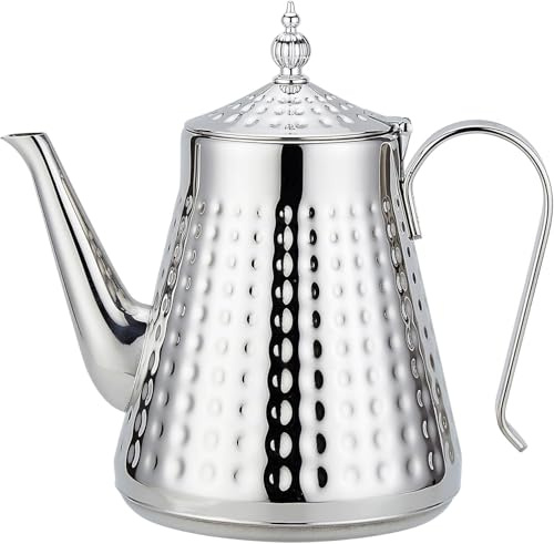 SANQIAHOME 1,65l (54 oz) Teekanne mit Edelstahlhammermuster, mit Siebeinsatz, mit Teesiebgriff, loser Blattabdeckung, Silber