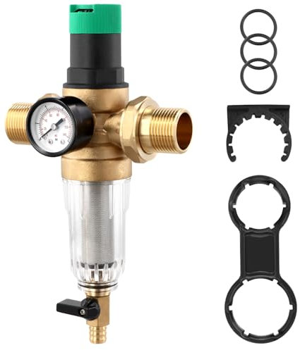 QWORK® Réducteur de Pression Eau 1, Reducteur de Pression avec Manomètre, Réducteur de Pression en Laiton avec Filtre Tamis Autonettoyant