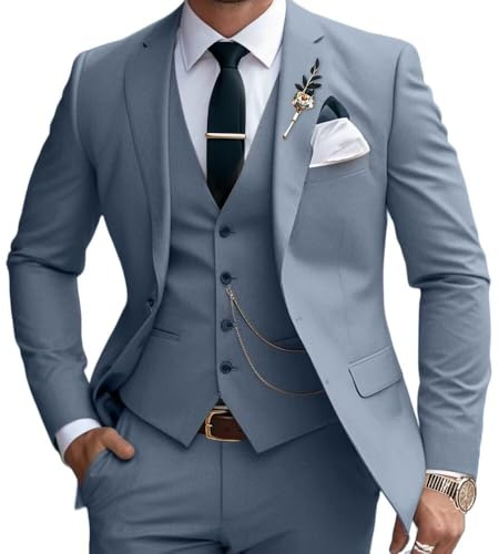 Mens Suits 3 Piece Slim Fit Suit Set Business Wedding Tuxedo Jacket Vest Pants, Denim Blue, XL