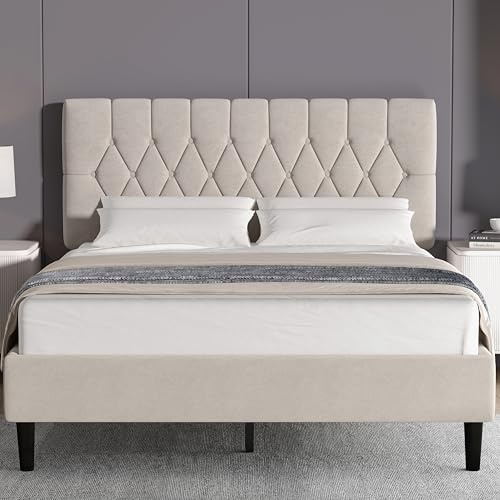 Blisswood 4ft6 Double Bed Frame Noise-Free Upholstered Platform Bed WithTufted Adjustable Headboard/Velvet Fabric Double Bed/Sturdy Wooden Slats Support & Under Bed Storage, 4ft6 Double Bed Beige