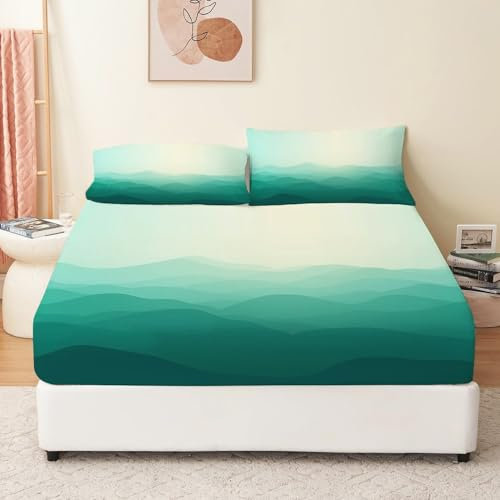 Spannbettlaken Set 200 x 200 cm Matratzenschoner Spannbettlaken Atmungsaktive, Matratzenauflage Abstrakt Geometrisch Berge Drucken Weiche Atmungsaktiv Microfaser mit 2 Kissenbezug Grün