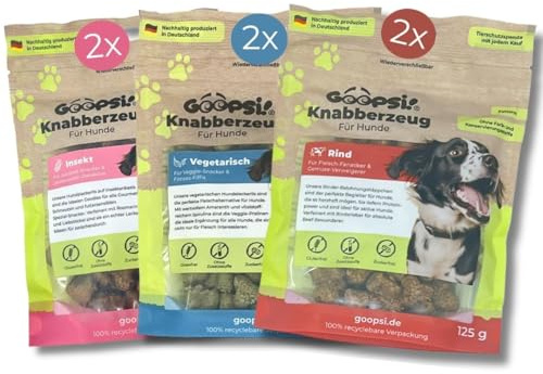 GOOPSI Leckerli per cani, confezione da 6 pezzi (manzo, vegetariano, insetto), 125 g, senza cereali e senza zucchero, cibo per cani, snack dalla Germania