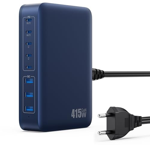 415W Chargeur USB C, 8 Ports Chargeur Rapide GaN IV Tech Multiprise USB avec 5 C et 3 A Sorties, Deux PD 100W PPS Multiple Station de Charge Compatible avec MacBook Pro/Air Laptop, iPhone, Galaxy-Bleu