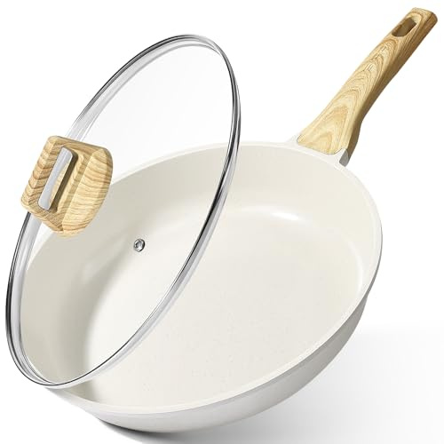 GiPP Nonstick Skillet Frying Pan with Lid,White Granite Non Stick Pans,Omelette Pan with Heat-Resistant Handle,Compatible with All Stovetops,PFOA Free (White, 26cm+Lid)