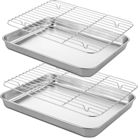 LDXDRU 2 Pack Baking Sheet with Rack, Stainless Steel Baking Trays for Oven, Non Stick Oven Tray Cookie Pan Cooling Racks for Baking Cooking Bread Meat - 25 x 20cm & 28 x 23cm