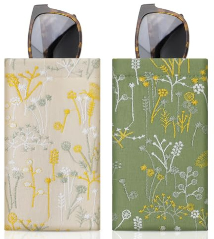 MoKo Borsa per Occhiali da Sole, Doppia Custodia Morbida, Astuccio con Cinghia di Trasporto, Organizzatore di Occhiali da Sole Portatile per Donna e Uomo, Fiori Verdi & Gialli