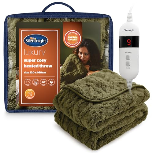Silentnight Luxury Super Cosy Heated Throw - Snuggly Soft Knit Jacquard Fleece Electric Blanket for Sofa Bed with 9 Heat Settings - Fast Heat-up and Safe Shut Off - Machine Washable - 120x160cm, Olive