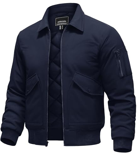 TACVASEN Men's Winter Jacket Thermal Fleece-Lined Full-Zip Quilted Bomber Jacket Windproof Water-Repellent Padded Coat Navy, XL