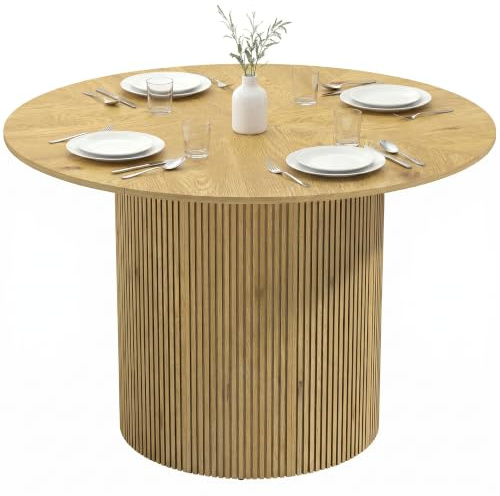 HOMCOM Mesa de Comedor Redonda Base Cilíndrica para 4-6 Personas Roble