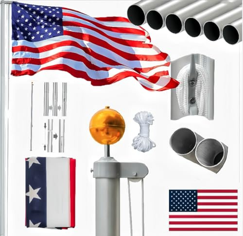 VINGLI Upgraded 20FT Sectional Aluminum Flag Pole for Outside House, Thick Tube Halyard Flagpole Hardware, Flag Pole Kit 3x5 Flag Outdoor for Yard, Flag Golden Ball flagpole topper, Residential Garden