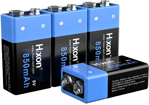 Hixon Pile 9V 850mAh Rechargeable Lithium-ION Batterie Haute Performance Piles pour Système Alarme Multimètre Détecteur de Fumée Microphone Appareils Numériques Télécommandes Universelles, Lot de 4
