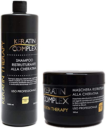 Set Ristrutturante uso Professionale Keratin Therapy alla cheratina liquida 100% Made in Italy senza parabeni – Kit Shampoo 800 ml e Maschera 500ml per tutti i tipi di capello trattati e sfibrati