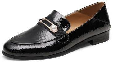 DREAM PAIRS Womens Penny Loafers Slip-on Low Heel Oxfords Pearl Buckle Moccasins Smart Work Office Flats Shoes Black,Size 5.5,Black/Patent/Leather,SDLS2207W