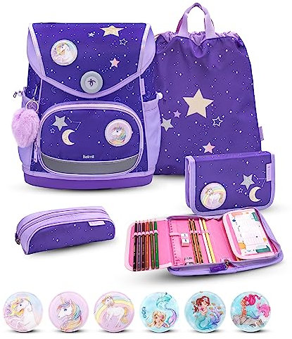 Belmil Premium Compact Plus ergonomisches Schulranzen Set 5 - teilig, AGR, Brustgurt, Hüftgurt, Magnetverschluss (405-41/P/S) (Dahlia)