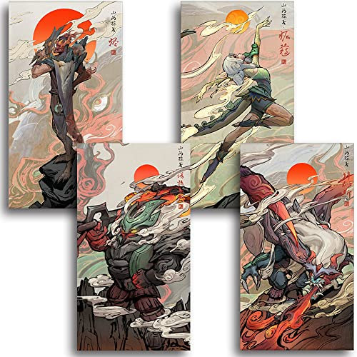 SB little Shan Hai Scrolls Poster League of Legends Videospiel, japanischer chinesischer Kunstdruck auf Leinwand, Wanddekoration, ungerahmt (40 x 75 cm), 4 Stück