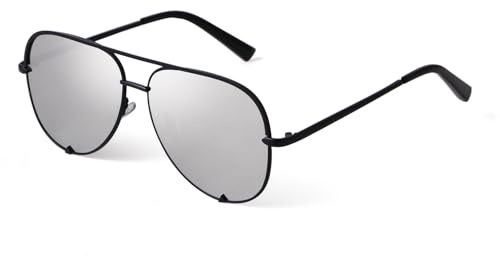 ADE WU Retro Oversized Aviator Sunglasses for Women Vintage Black Pilot Sun Glasses for Woman Ladies Anti Glare Silver Mirrored Lense 58mm