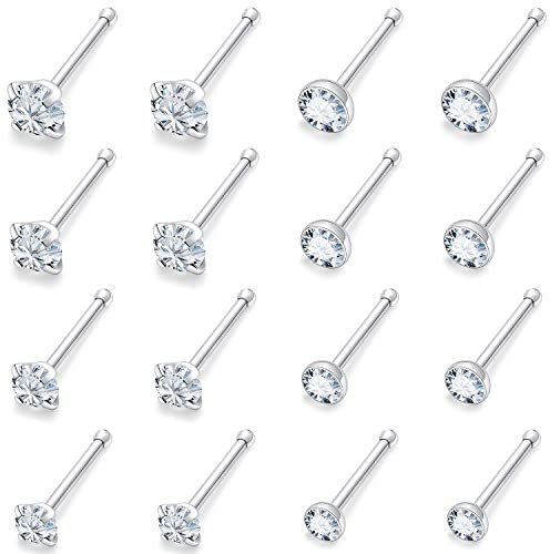 Lsnevsie Nose Rings Studs for Women 18G 316L Surgical Stainless Steel Straight Silver Hypoallergenic Nose Ring Stud Pin Bone Piercing Jewelry for Women Men Round Diamond Clear CZ 1.5mm 2mm 2.5mm 3mm