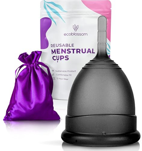 EcoBlossom Reusable Menstrual Cup - The Most Reliable Medical Grade Silicone Period Cups - Comfortably Use for 12 Hours. 1 Regular Size Black Cup.
