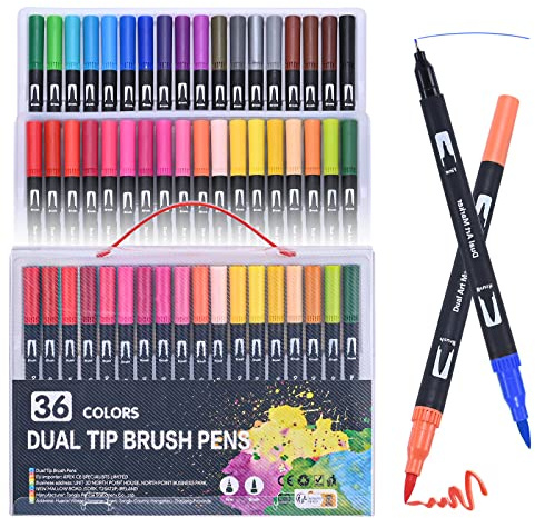 Set de 36 rotuladores de doble punta - Fineliner con punta fina y punta pincel para bullet journaling, libros de colorear, lettering - Tinta a base de agua - Ideal para manga, caligrafía y más