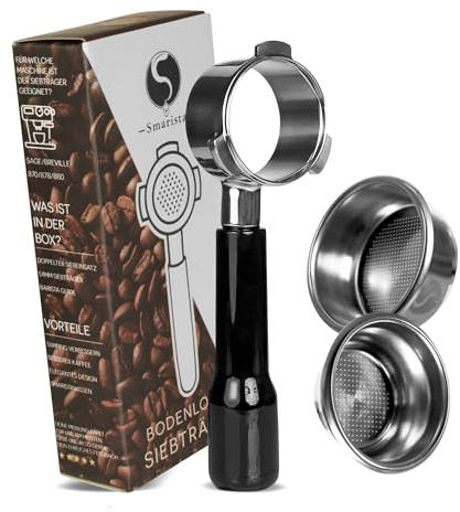 SMARISTA® Bodenloser Siebträger 54mm – Kompatibel mit Sage/Breville Barista Serie 870/878/880 – 54mm Filterhalter aus Edelstahl inkl. Siebeinsatz & Barista GUIDE [ABS]
