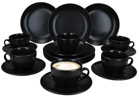 MamboCat Panther Service à café 18 pièces noir I Service à café en faïence mate pour 6 personnes I 6 tasses à café de 160 ml, soucoupes et assiettes à gâteau I Vaisselle chic pour le petit déjeuner et